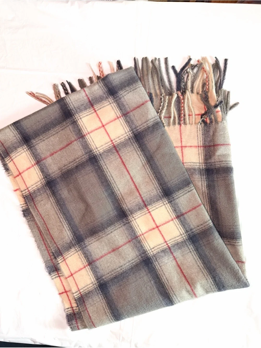 Plaid Fringe Scarf in Gray, Cream & Red